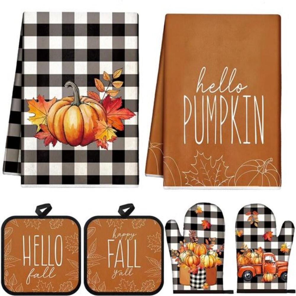 6 Pcs Fall Kitchen Towels Pot Holders and Oven Mitts Set Including 2 Pumpkin